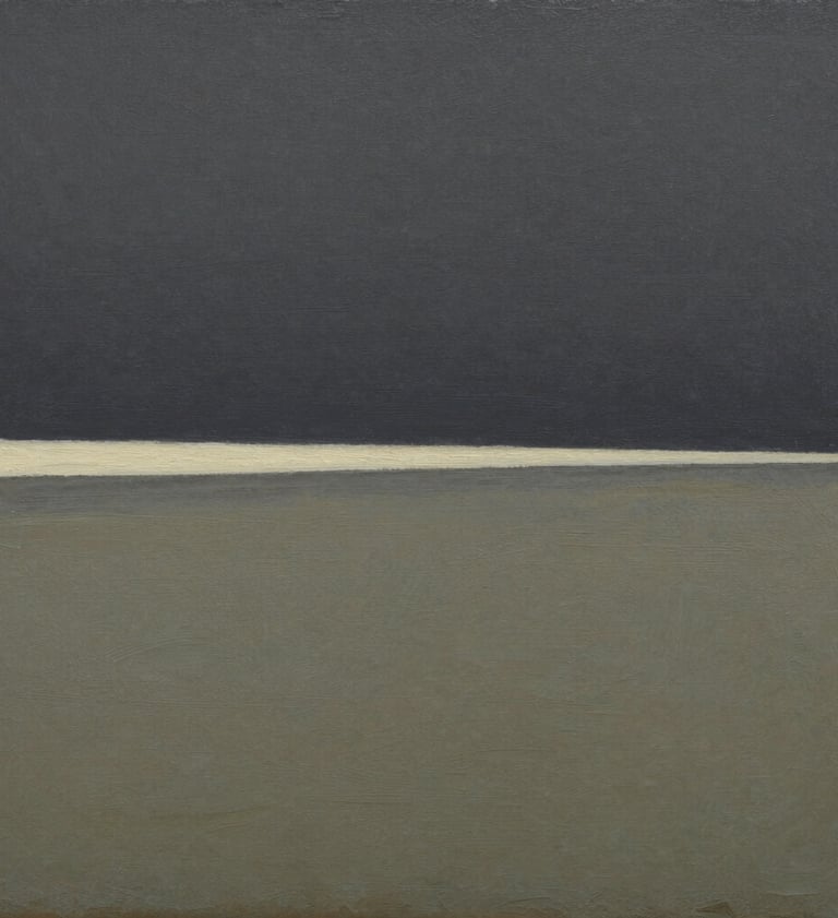 A detailed artistic photography close-up of a landscape painting's horizon line. A thin streak of soft off-white light separates the muted olive-grey land from a dark charcoal sky. Visible paint texture and professional lighting.