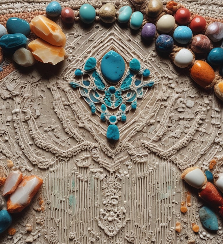 Pechera artesanal elaborada con macramé y piedras minerales coloridas