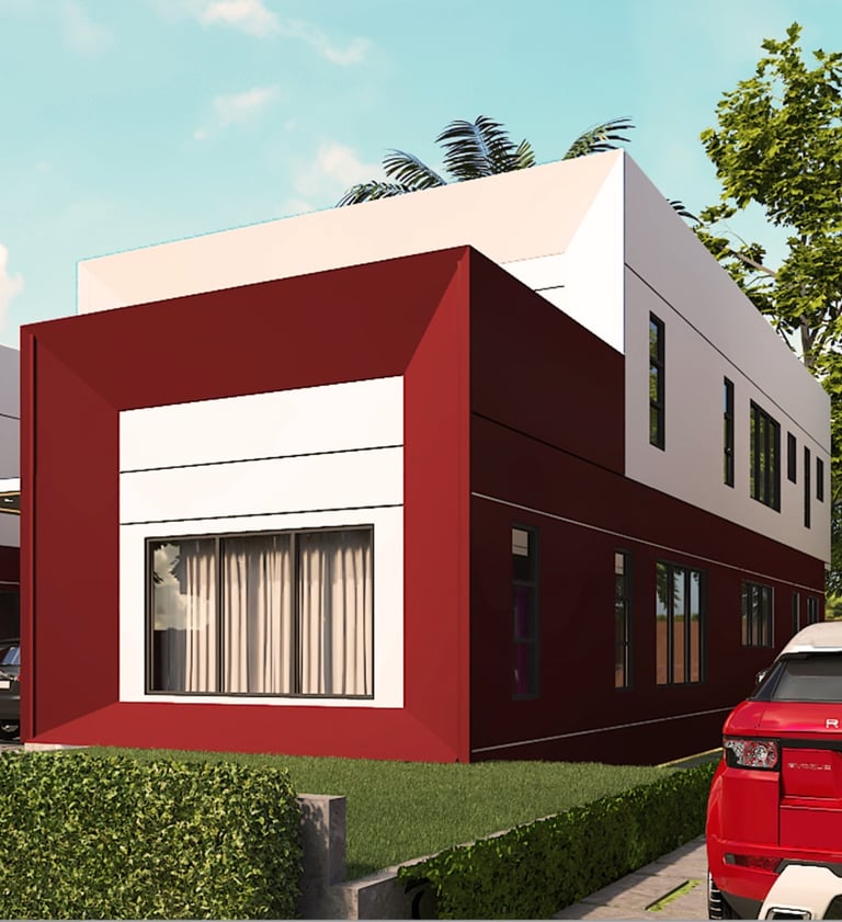 a red car parked in front of a building