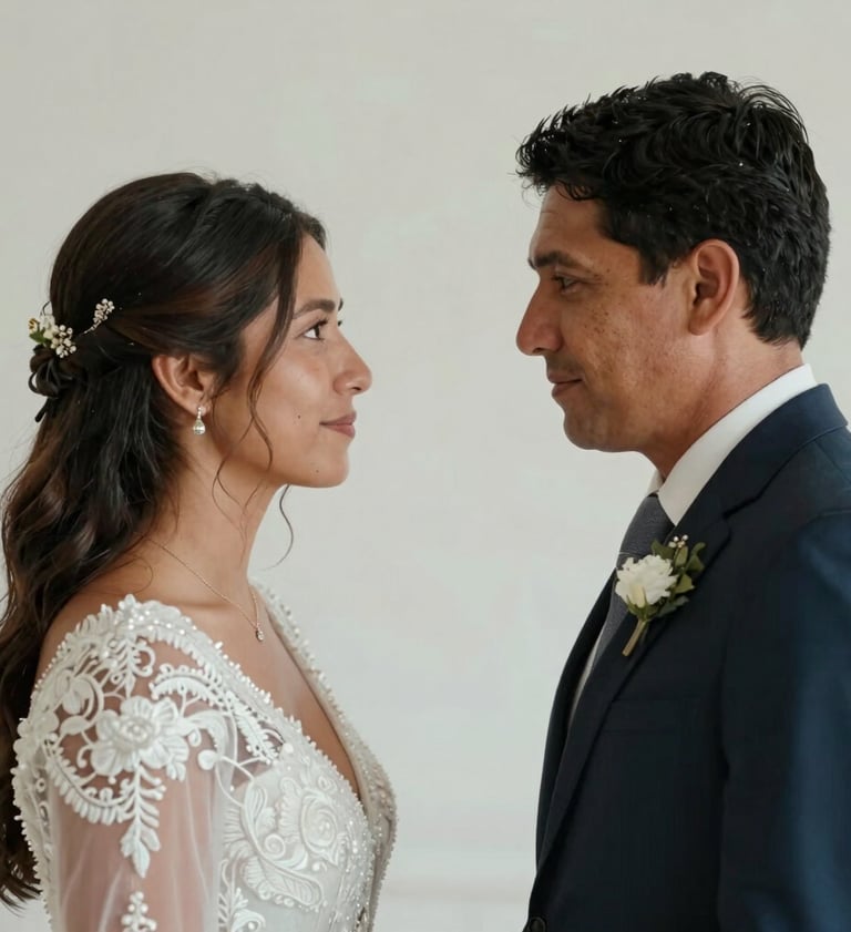 Emotional candid moment from a South American wedding, captured with a cinematic lens. Soft lighting, focus on a meaningful glance, minimalist background to highlight the subjects. Professional event cinematography style.