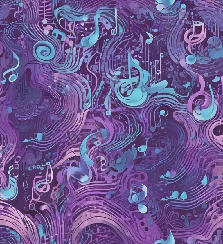 Abstract vibrant music notes and sound waves in blue and purple tones representing the music channel
