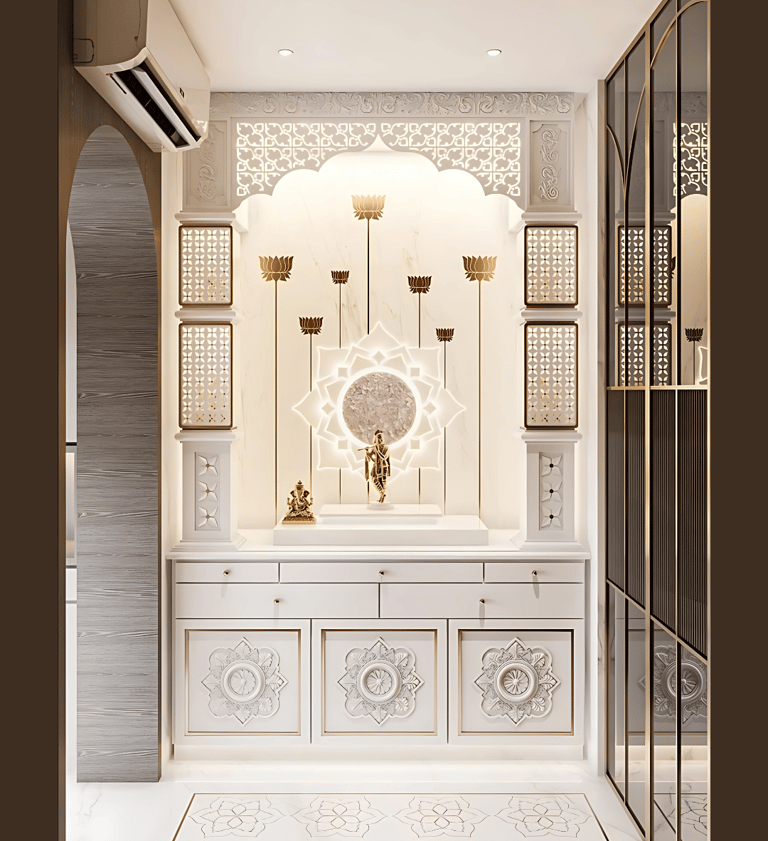 A modern CORIAN TEMPLE with intricate white carvings, lotus motifs, and a central deity statue, 