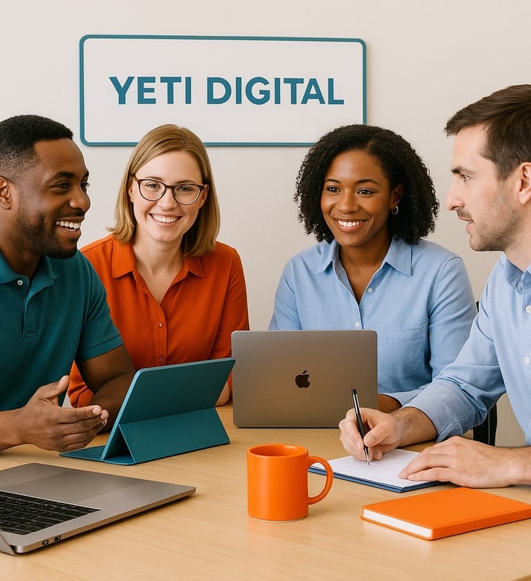 a group of people sitting around a table with laptops