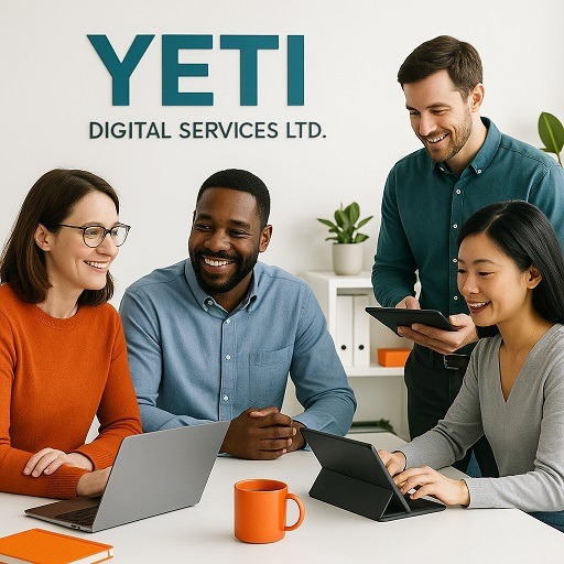 a group of people sitting around a table with a laptop and a laptop