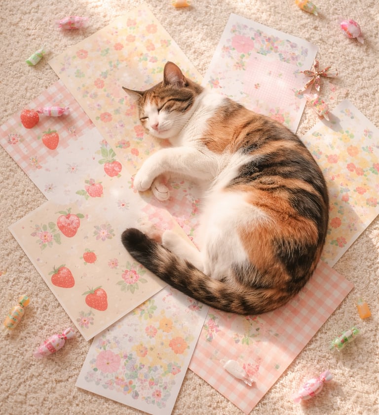 cute cat lying on scrapbooking and journaling papers with aesthetic creative supplies