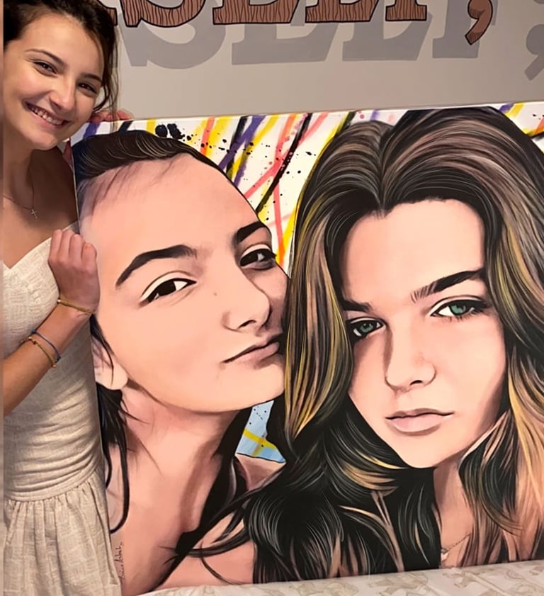 Quadro Pop-Art de cliente, com cores intensas e traços marcantes.