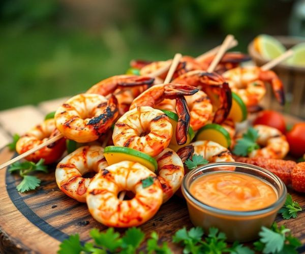 a bunch of grilled shrimp and vegetables on a wooden board