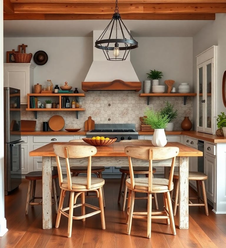 a bohemian kitchen with a table and chairs