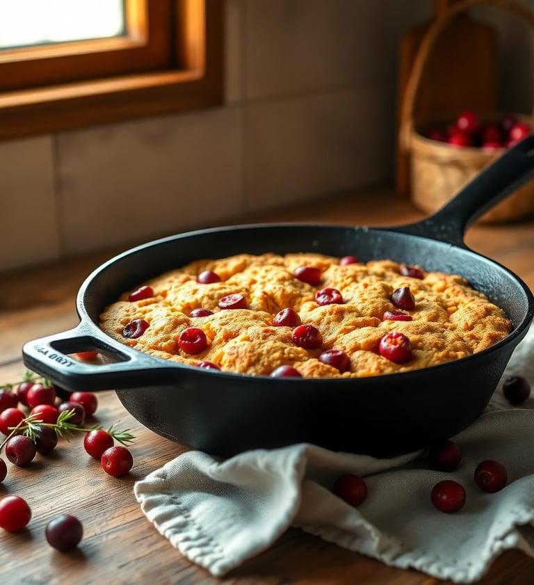Cranberry Cornbread in an iron skillet