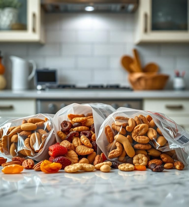 a bunch of nuts and dried fruit in bags
