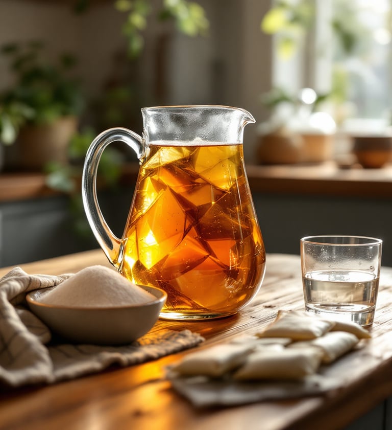 a pitcher of sweet iced tea on a kitchen counter with sugar, tea bags and a water beside it as the i