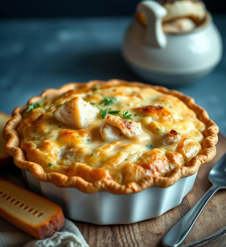 a homemade chicken pot pie with a whole grain crust