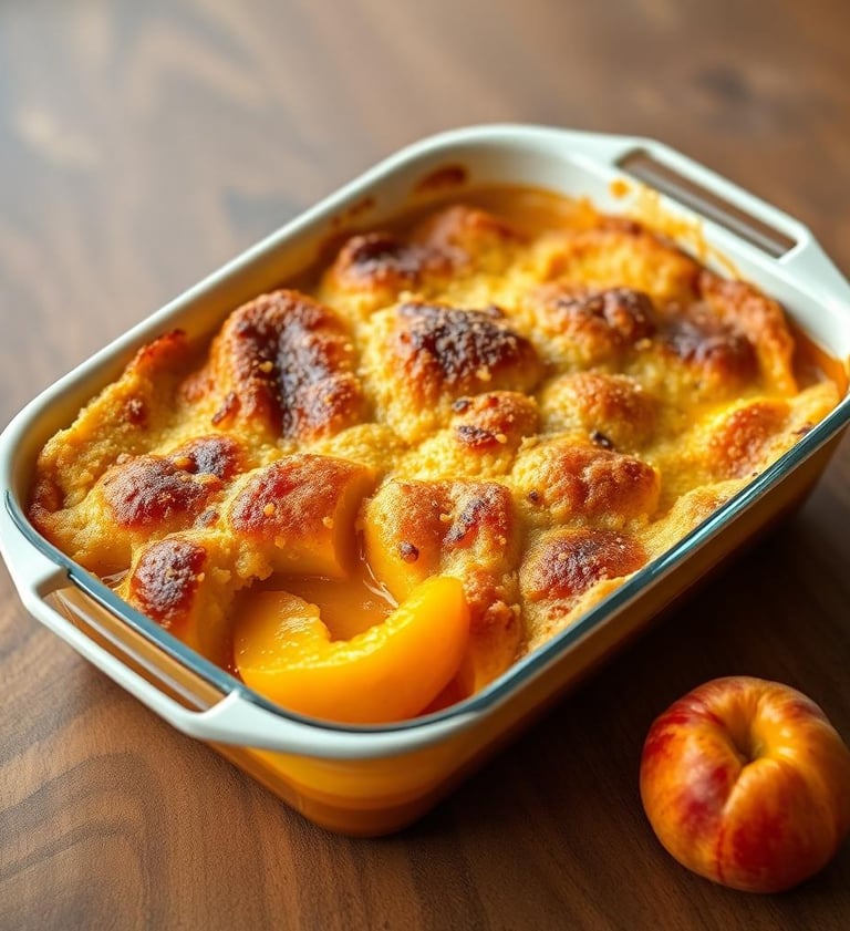 peach cobbler in a rectangle dish
