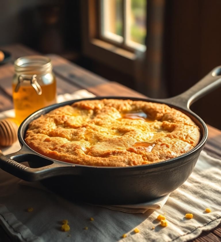 Honey and Maple Cornbread in an iron skillet