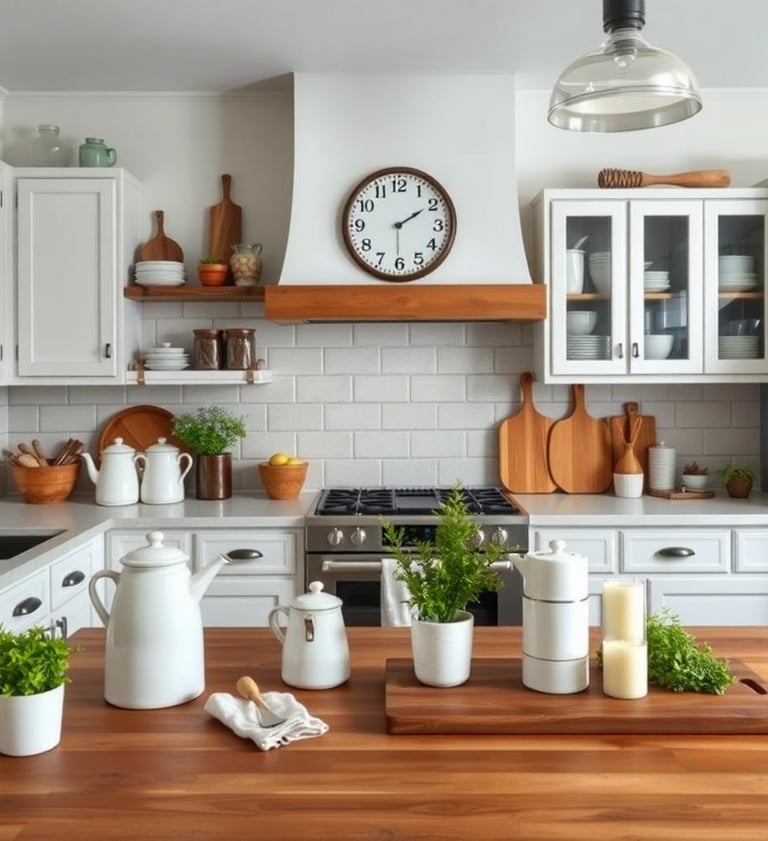 a rustic farmhouse kitchen with a clock