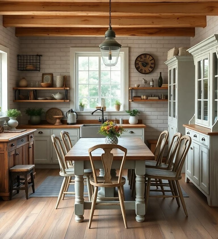 a rustic farmaouse kitchen with distressed furniture