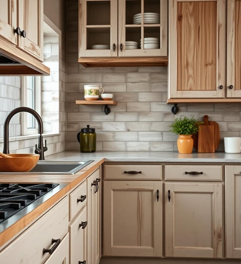 a rustic farmhouse kitchen with a stove top and a potted plant