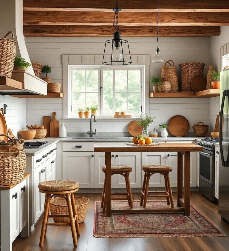 a rustic farmhouse kitchen with a table and chairs