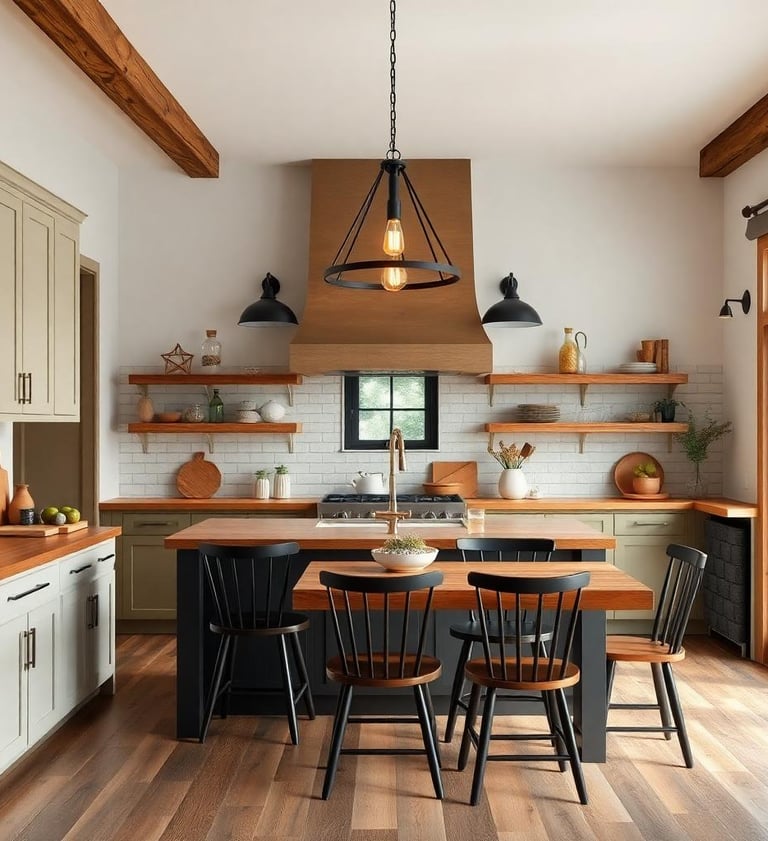 a rustic farmhouse kitchen with industrial lighting kitchen with a table and chairs and a stove