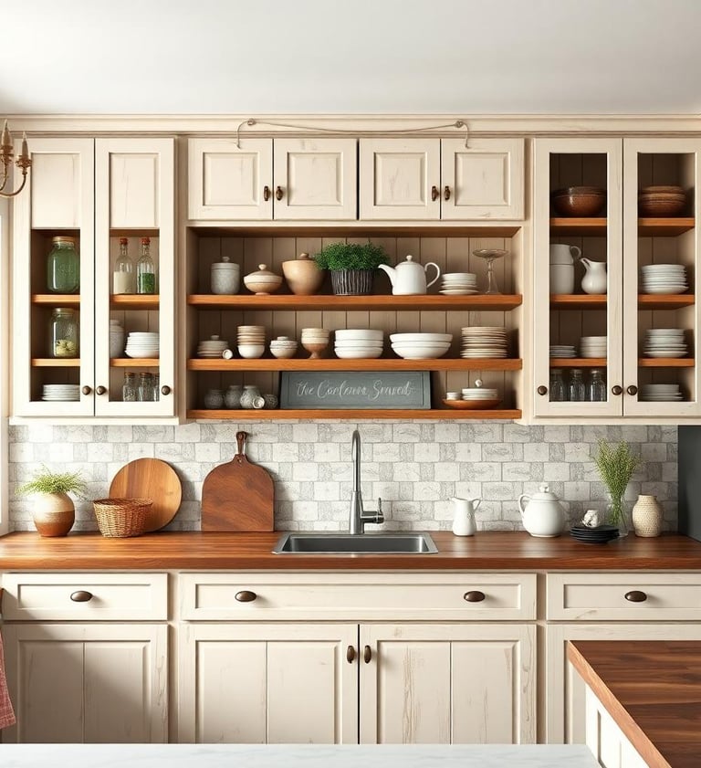 a kitchen with a wooden counter top and shelves with dishes
