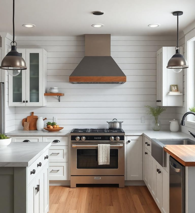 a rustic farmhouse kitchen with a stove and a shiplap wall