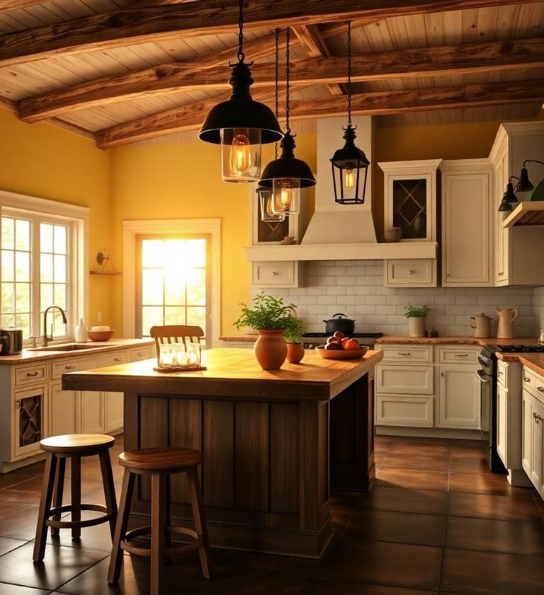 a kitchen with a wooden ceiling and a wooden table
