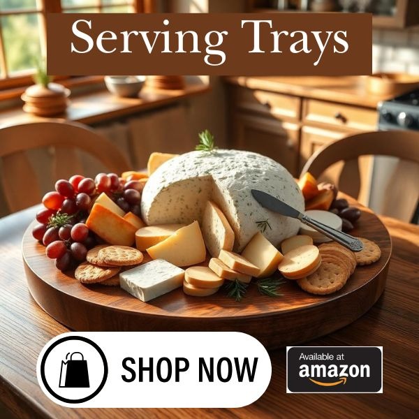 wooden Serving Tray with a cheeseball on it