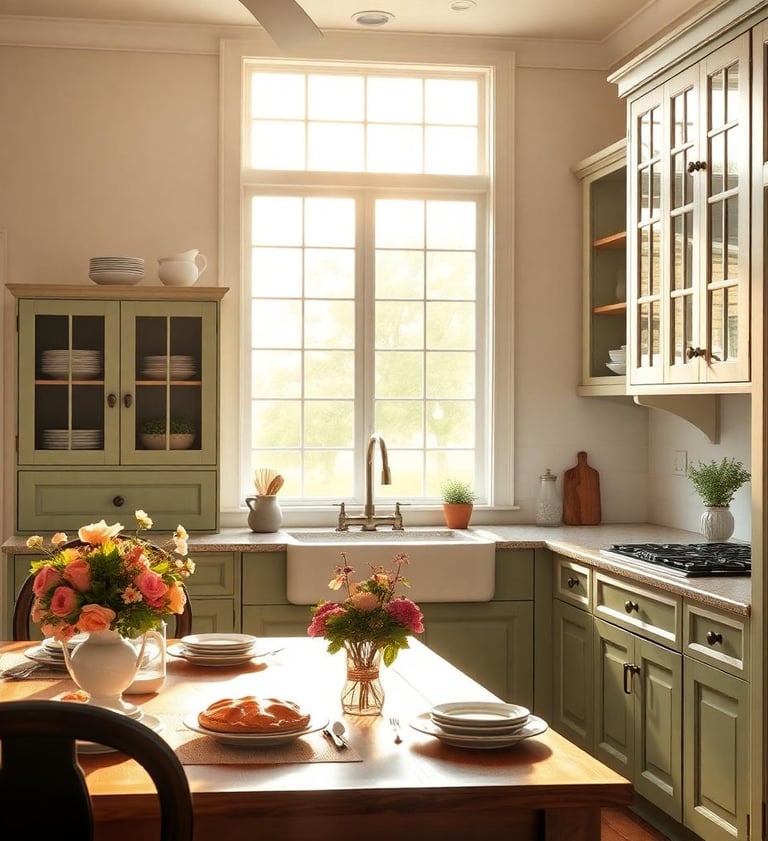 a southern charm kitchen with a table and chairs and a table