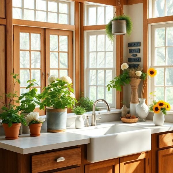 a kitchen with an apron-front sink