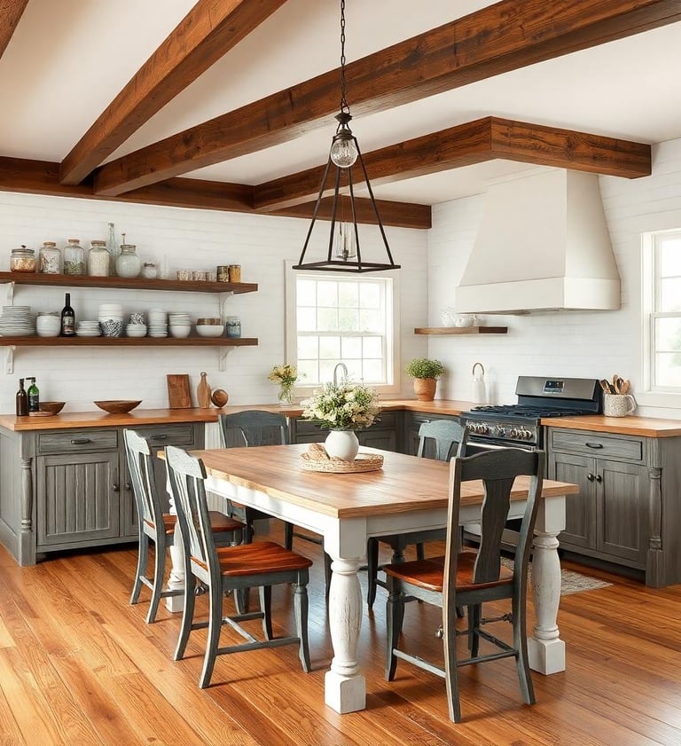 a kitchen with a wooden table and chairs