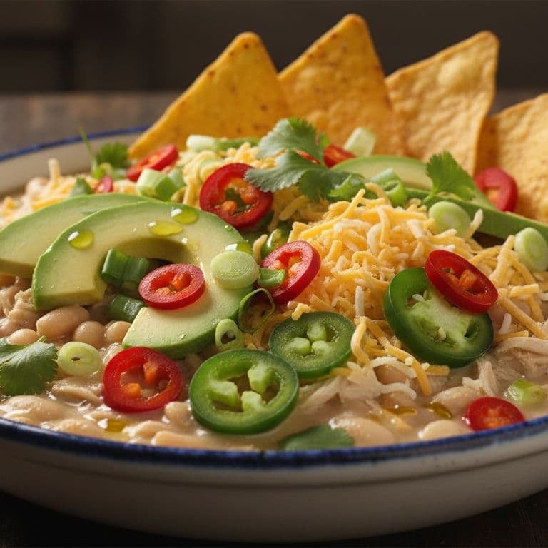 white chili with Garnish ideas: avocado, extra jalapeño or Fresno slices, cilantro, scallions, shred