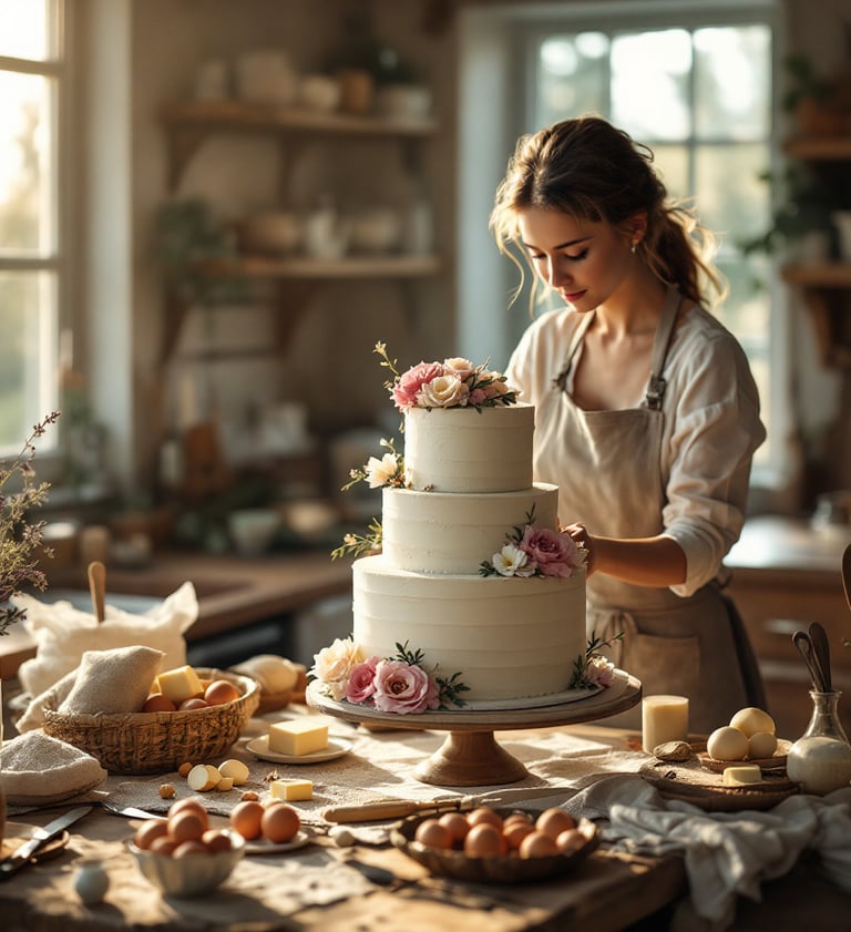 a woman assembling a 3 tier traditional wedding cake with cake ingredients all around in the kitchen