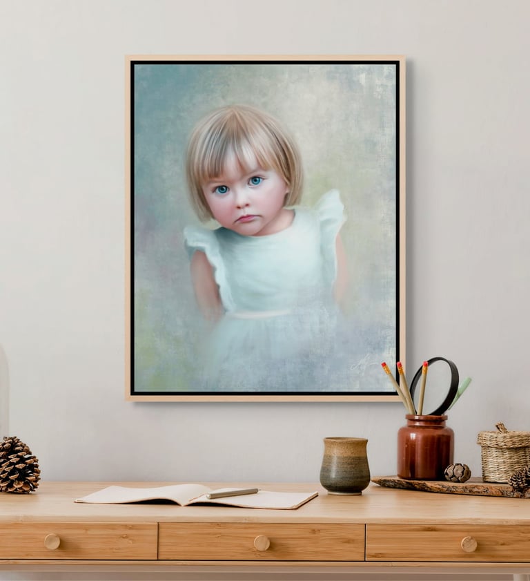 a portrait of a young girl in a blue dress