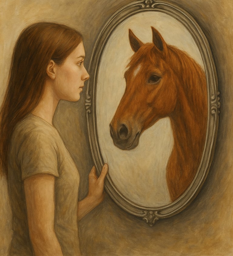 vrouw die in de spiegel kijkt en haar paard ziet