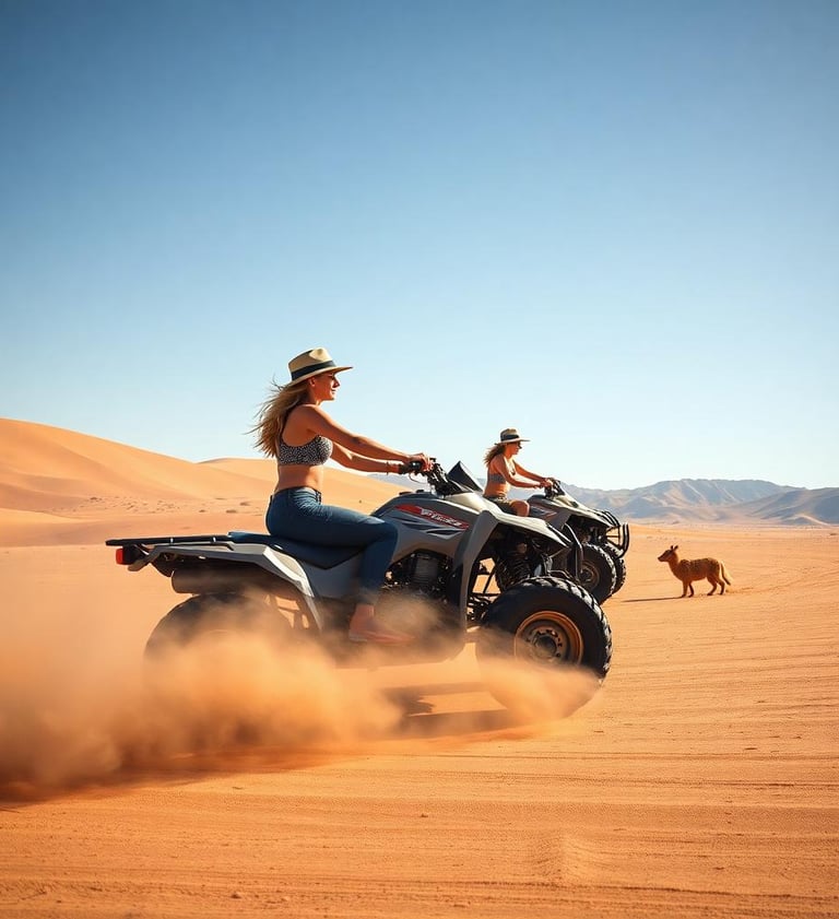 women riding 4-wheelers in the desert