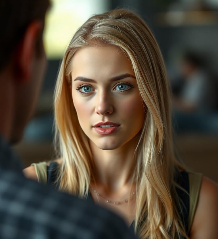 a woman with blonde hair and blue eyes is looking at the camera