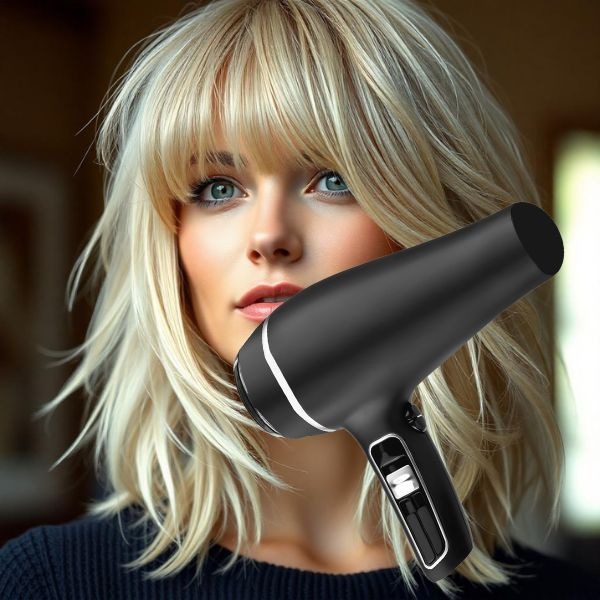 a woman with blonde hair and a hair dryer