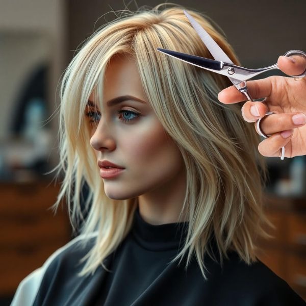 a woman is getting her hair cut