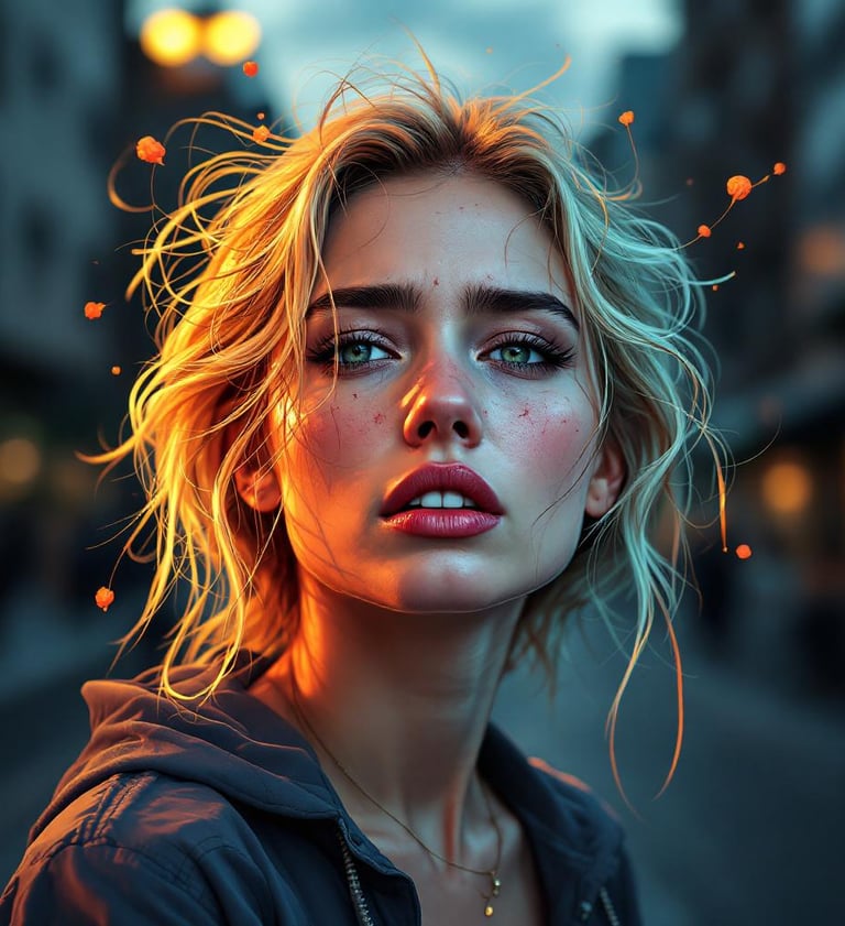 a woman with blonde hair and a hoodie