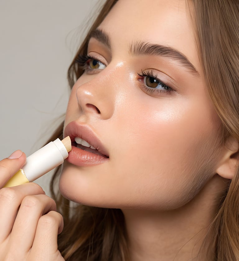 a woman with putting on lip balm