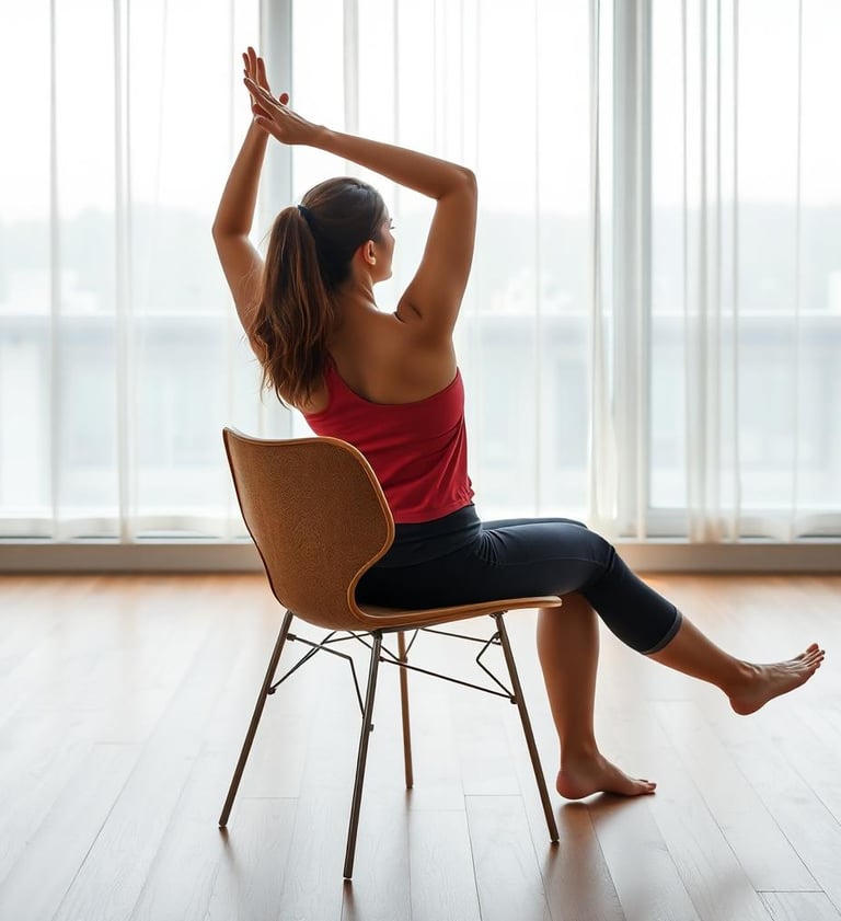 a woman sitting in a chair with her arms up and arms up