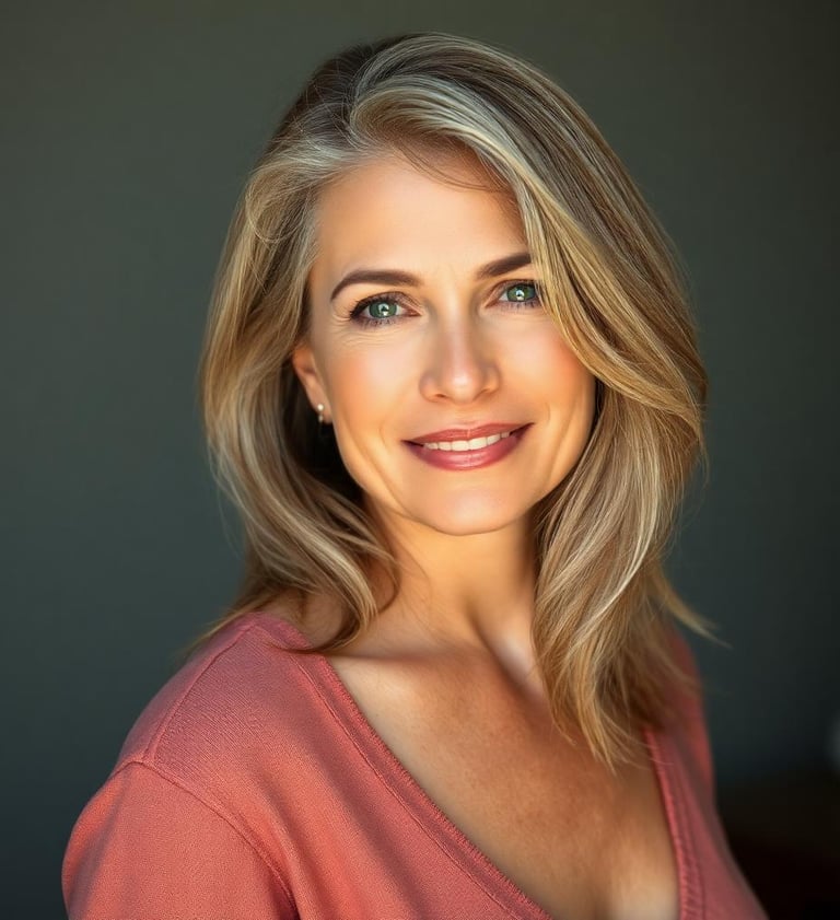 a woman with blonde hair and a pink sweater
