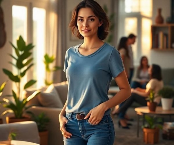 a woman in a blue shirt and jeans standing in a living room