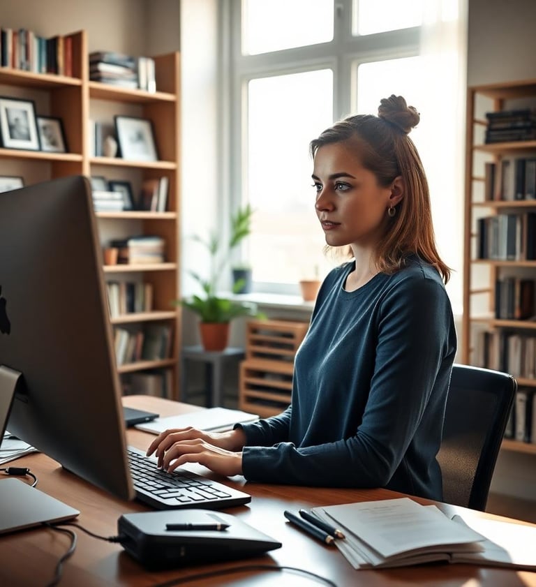 a woman sitting at a desk a computer