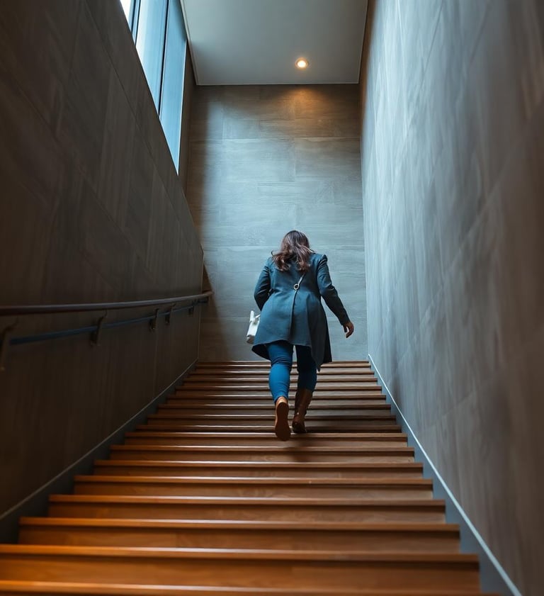 a woman walking up a flight of stairs