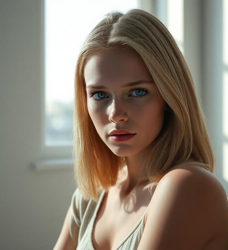 a woman with blue eyes and blonde hair