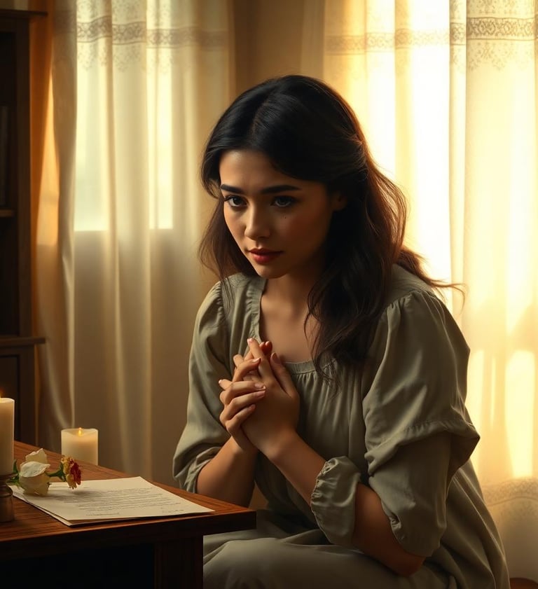 a woman sitting at a table with candles and candles