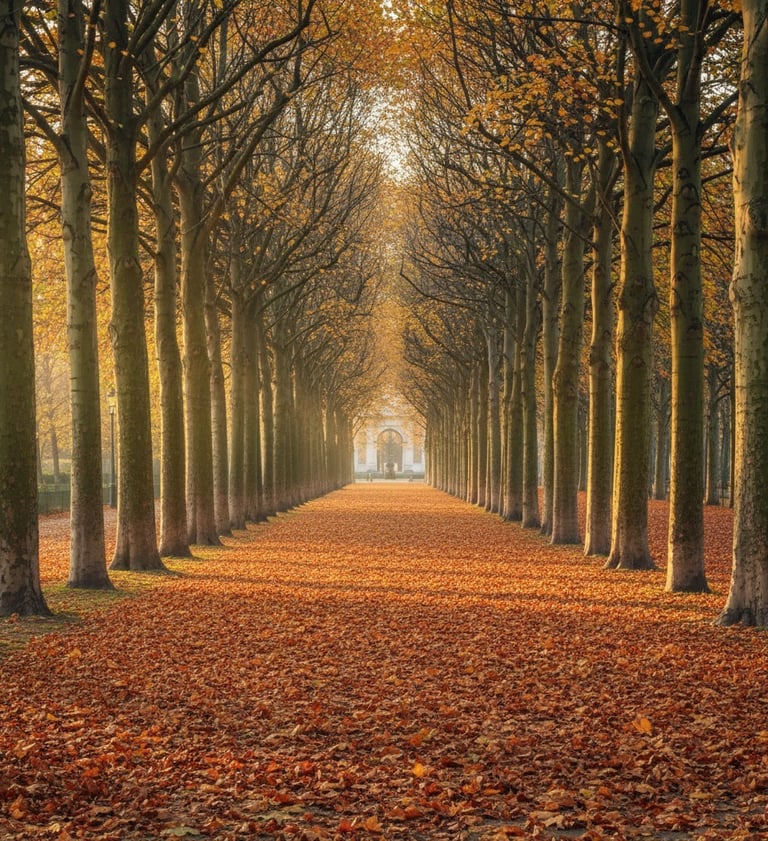 Golden autumn alley in a Paris park with morning light