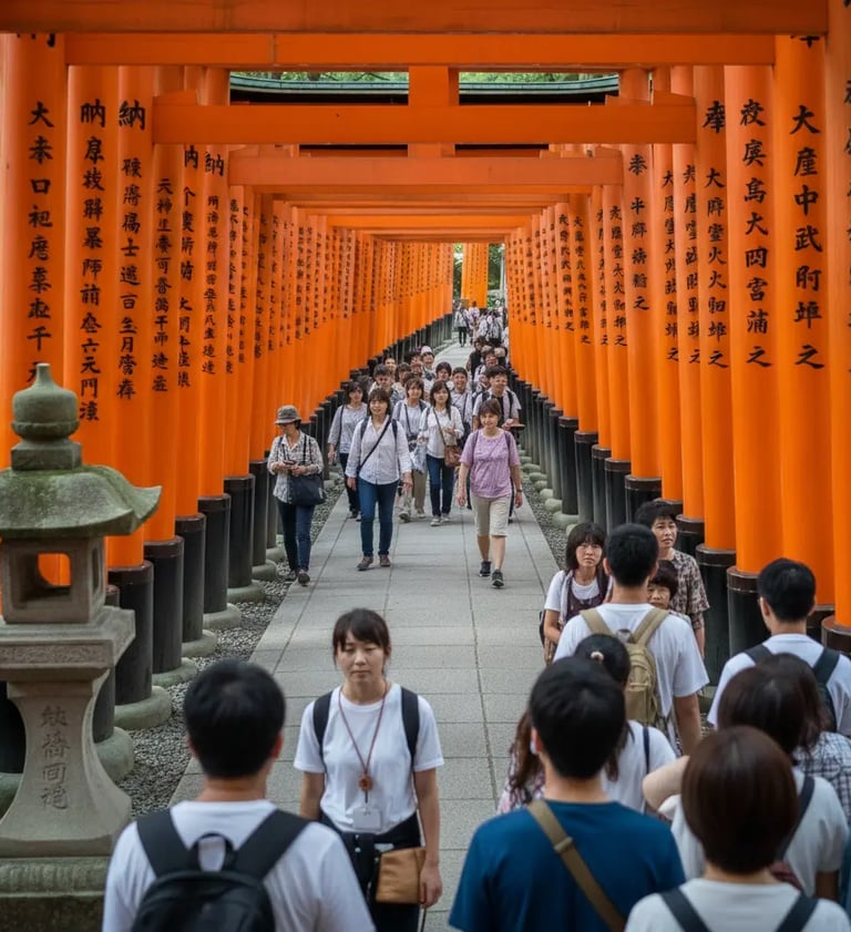 Tourists walking through the famous vermilion torii gates at Fushimi Inari Shrine in Kyoto