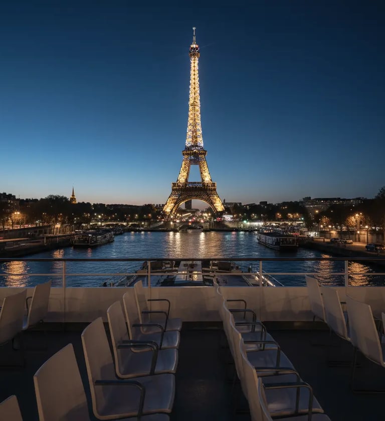 a boat on the water with a view of the eiffel tower